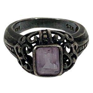 Vintage FAS 925 Sterling Silver Amethyst Open Scroll February Anniversary Ring